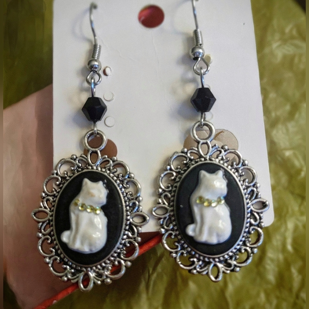 Cat Cameo Pierced Fish Hook Earrings